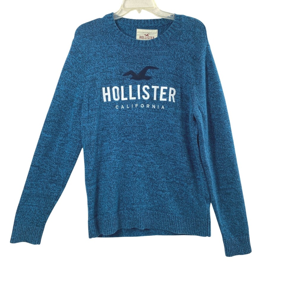 Hollister Mens Large Blue Marl Knit Sweater Long Sleeve Preppy Pullover Logo